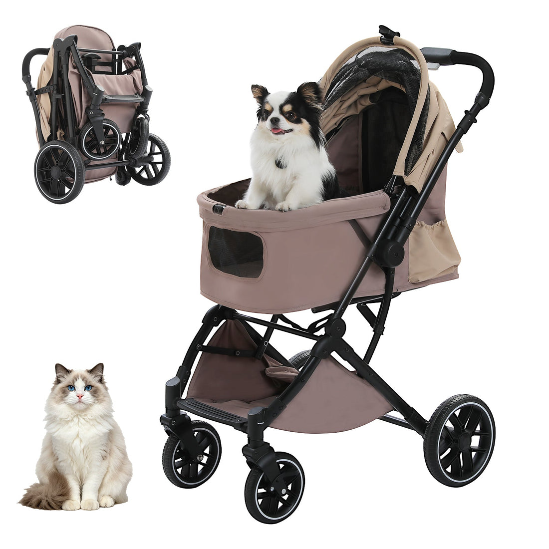 SEKKO CLAW Luxury Cat Stroller 64cm in Taupe mit Katze – sicherer Ausflug im Katzenbuggy