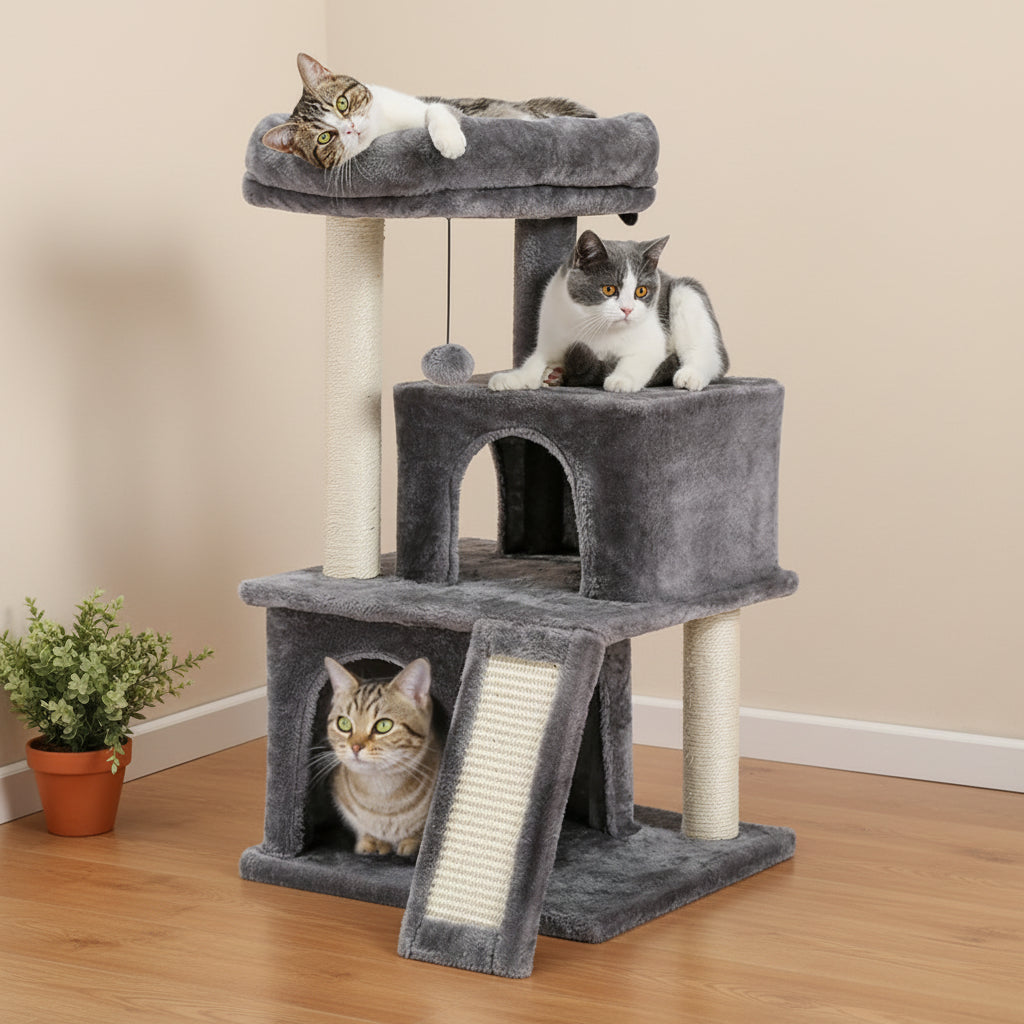SEKKO CLAW Compact Cat Tree 86cm im Wohnzimmer – kompakte Kletterstation mit mehreren Kratzstellen für Katzen