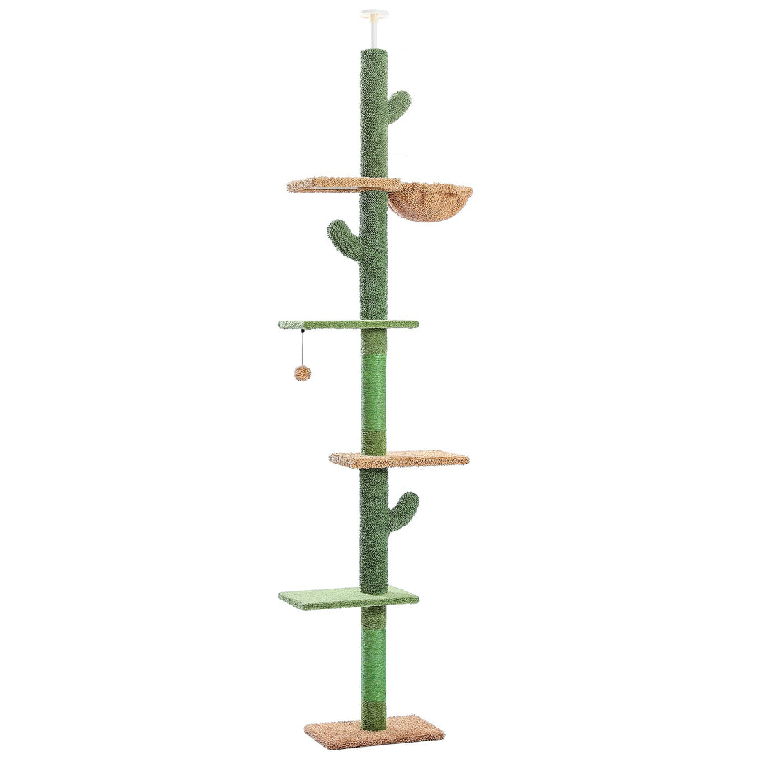 Kaktusförmiger Deckenspanner-Kratzbaum auf weißem Studiohintergrund mit Plattformen, Hängematte und Spannstange