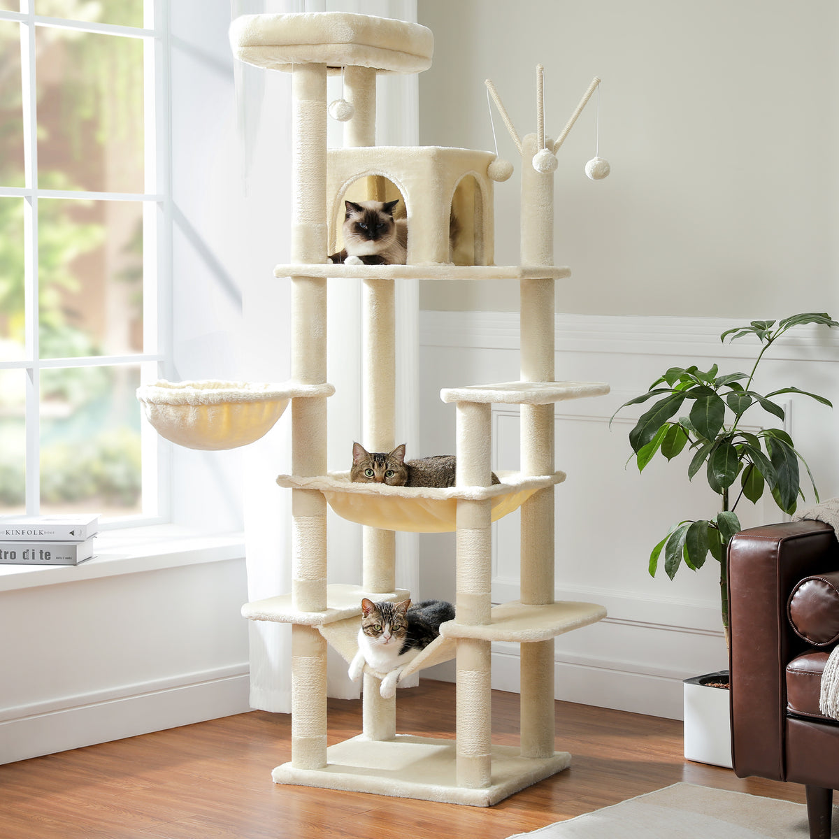 Beige plush Mid-Rise cat tree with a pointed cat by the condo and tabbies resting in hammocks near a bright window