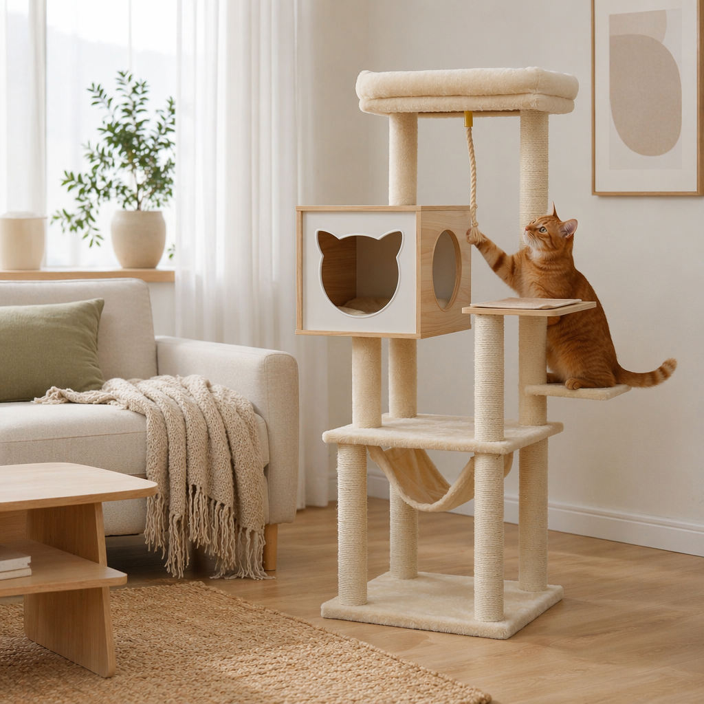 Nordic wooden cat tree with condo and hammock in a bright living room, ginger cat batting a hanging rope toy
