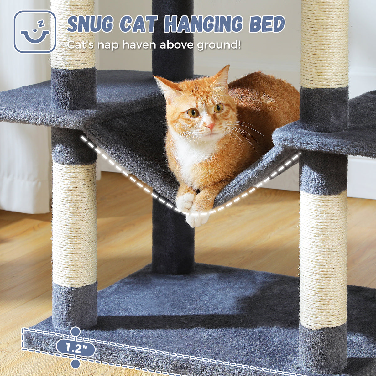 Ginger and white tabby naps in the snug hanging bed tier of a grey Mid-Rise cat tree set in a bright room