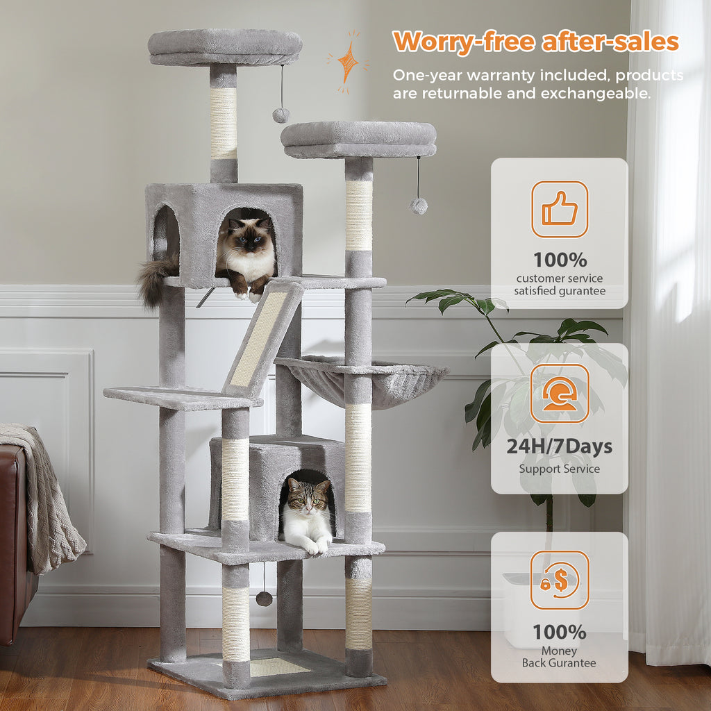 Grey 180cm cat tree with two cats; after-sales graphic lists one-year warranty, 24/7 support and money-back guarantee