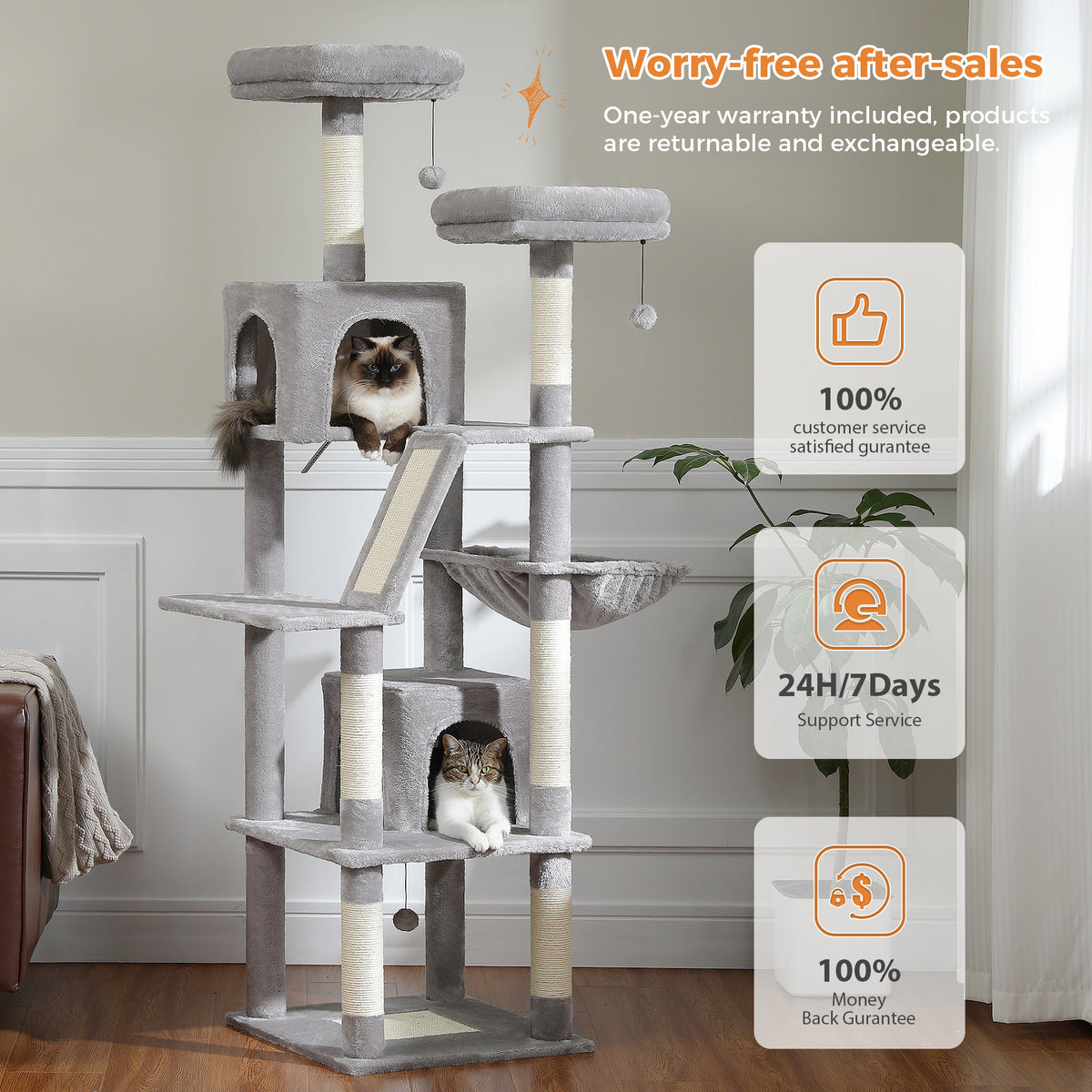 Grey 180cm cat tree with two cats; after-sales graphic lists one-year warranty, 24/7 support and money-back guarantee