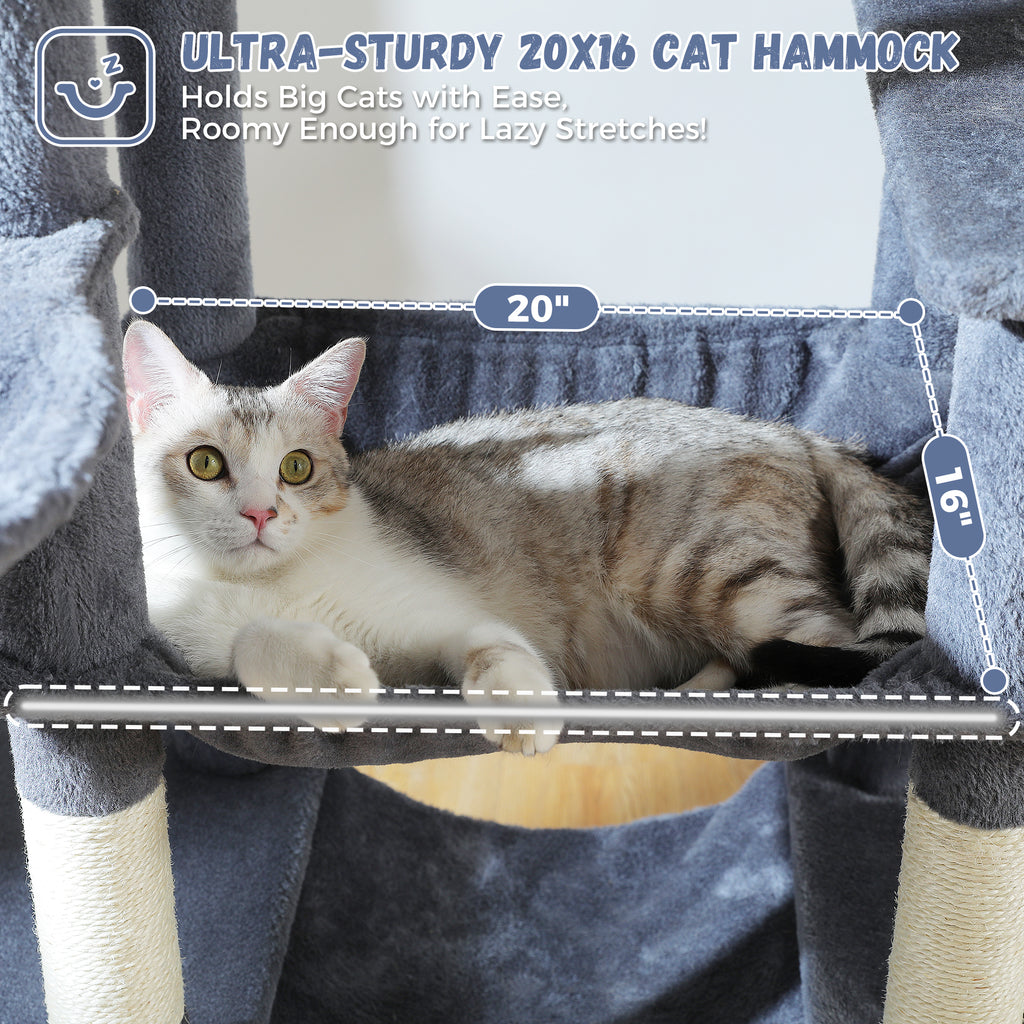 Tabby cat lounges in the grey ultra-sturdy 20 by 16 inch cat hammock of a tall Mid-Rise cat tree