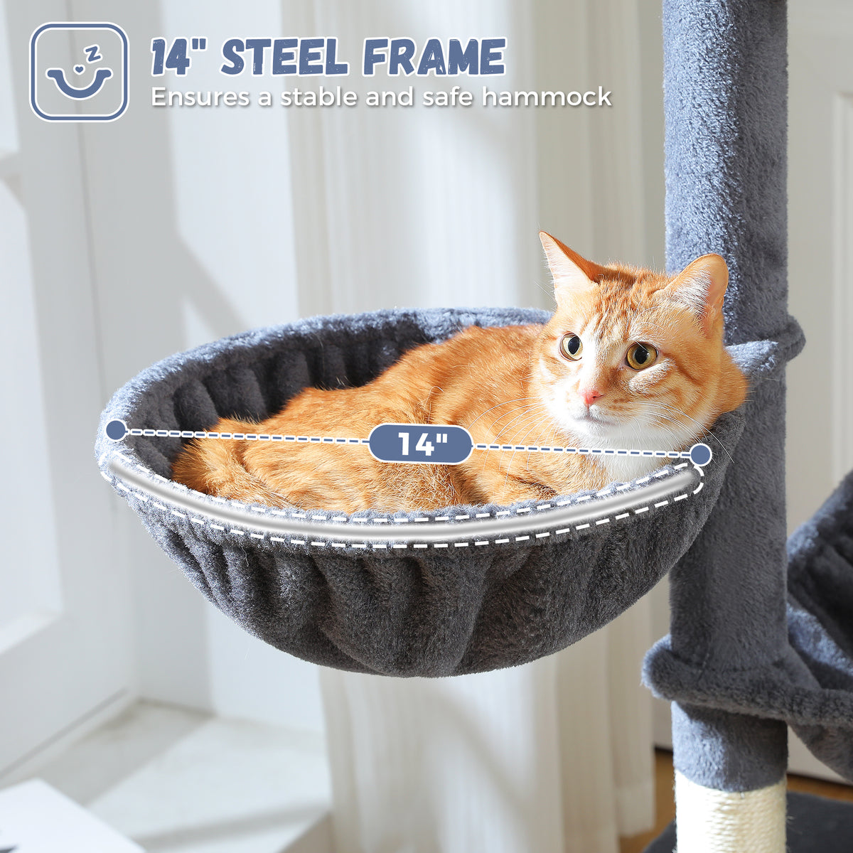 Ginger tabby curls inside a round grey basket hammock with a 14 inch steel frame on a Mid-Rise cat tree