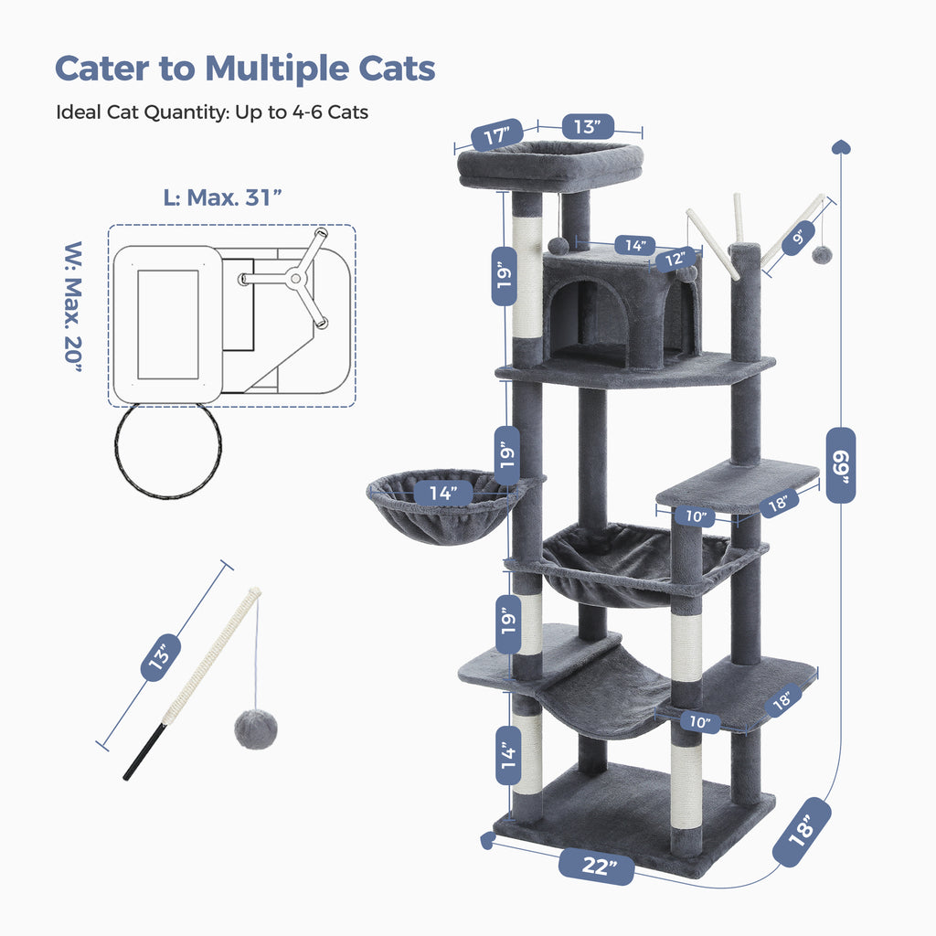 Charcoal Mid-Rise cat tree studio diagram with 69 inch height, base dimensions and a multi-cat capacity caption
