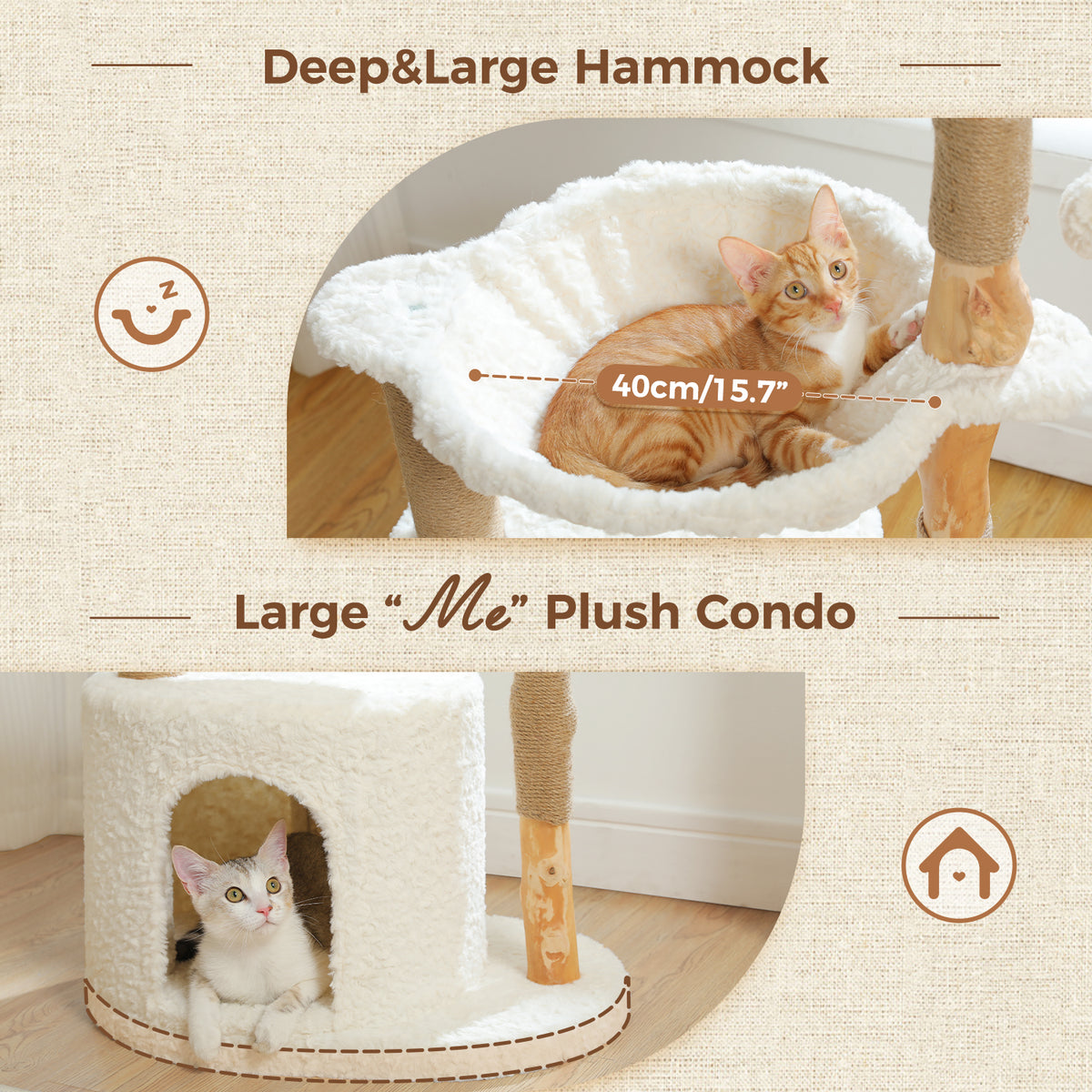 Feature graphic of the white cat tree: orange tabby curled in the deep hammock and white kitten in the large plush condo