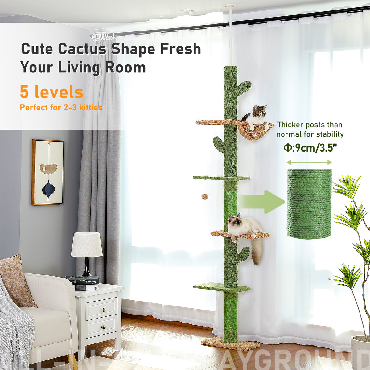 Green cactus cat tree with five levels in a bright living room, tabby cat curled in the tan basket hammock near the top