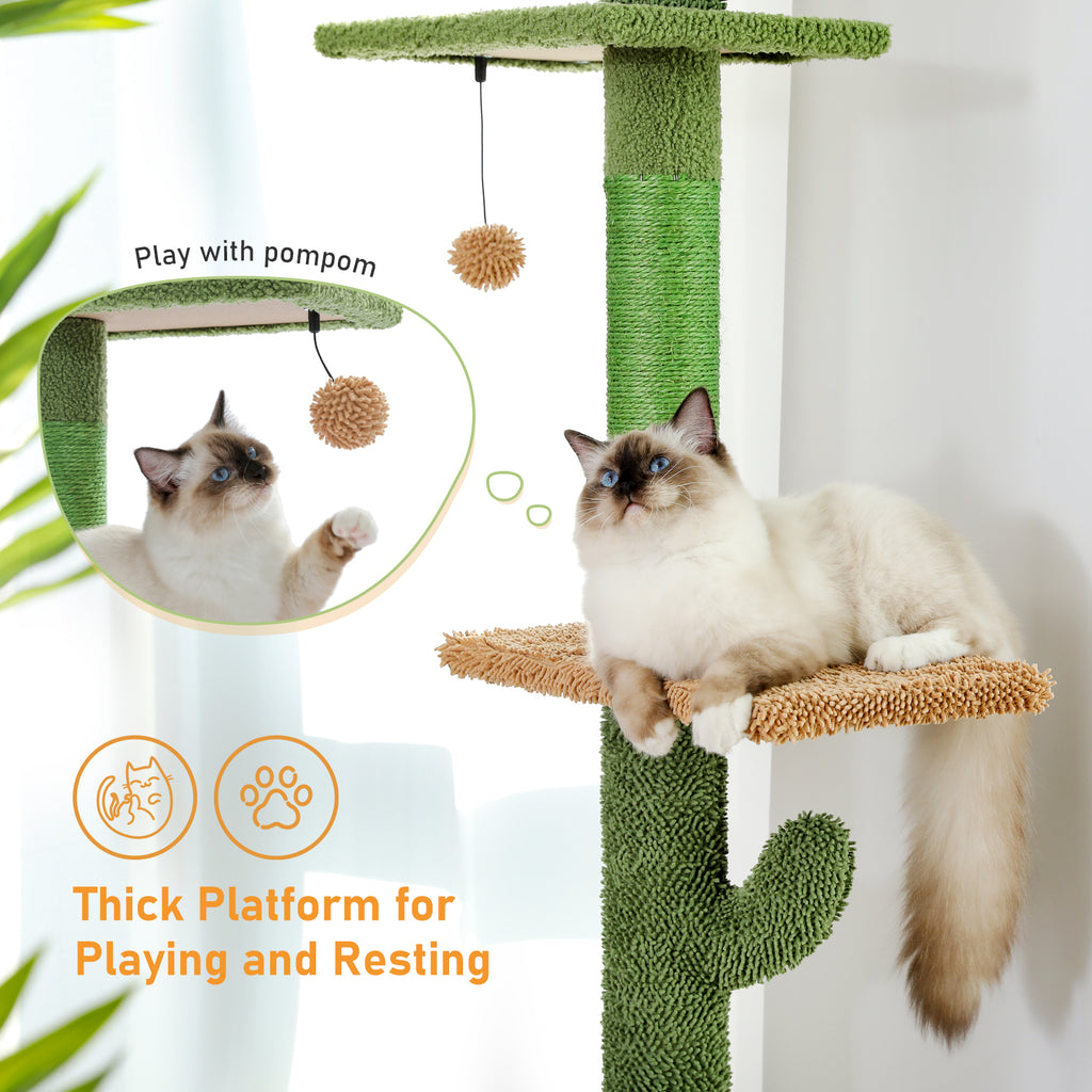 Fluffy seal-point cat lounging on the thick tan platform of the cactus cat tree with a pom-pom toy inset