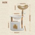 Size diagram of the white real-branch cat tree, 102cm tall, with labels for the condo, hammock, basket and base