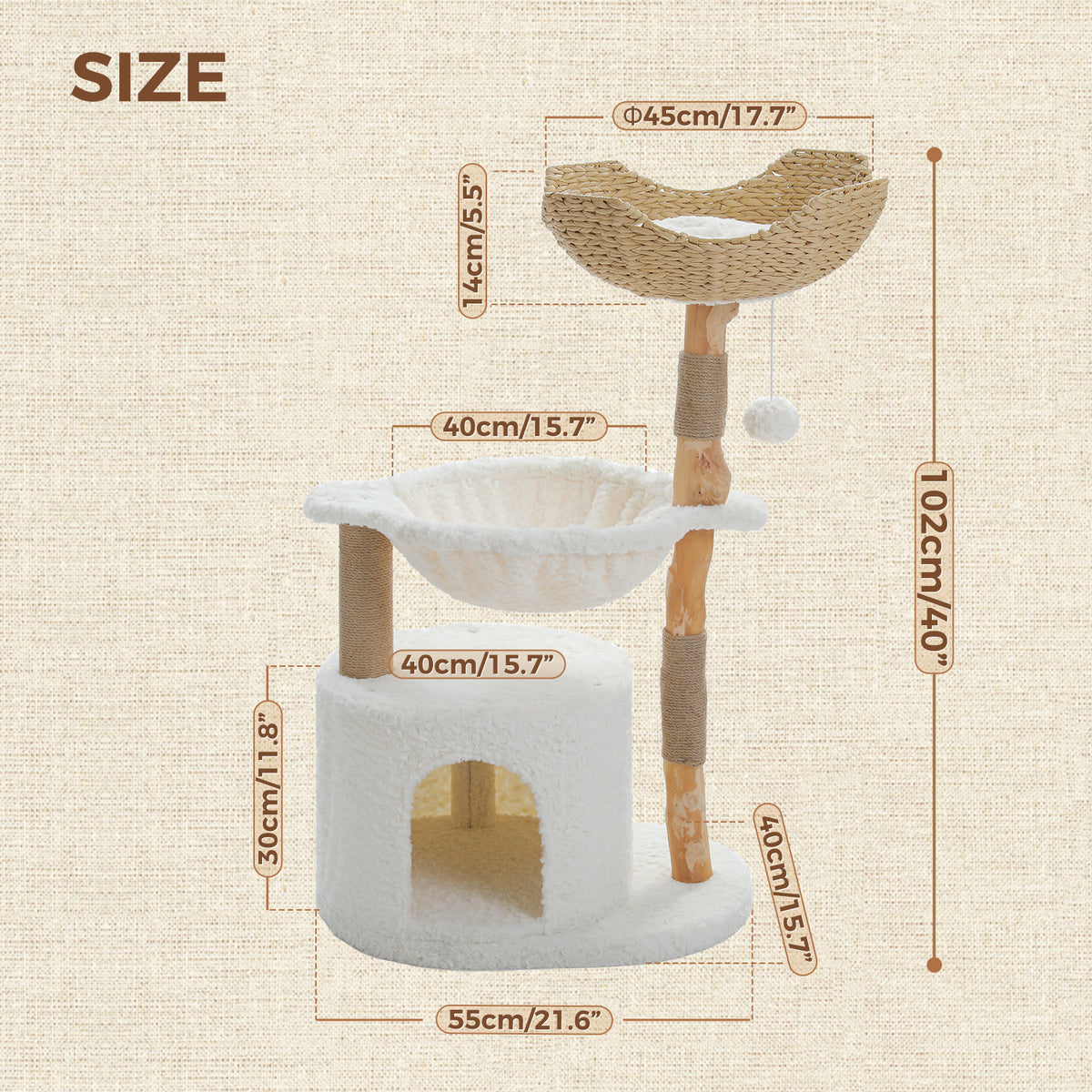 Size diagram of the white real-branch cat tree, 102cm tall, with labels for the condo, hammock, basket and base