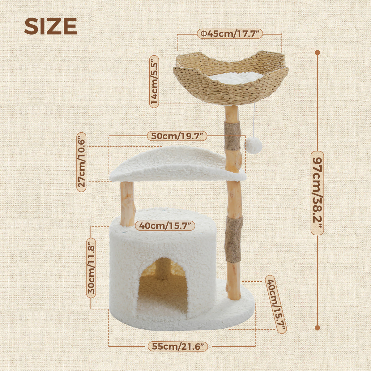 Size diagram of the wide-base white real-branch cat tree, 97cm tall, with condo, platform and basket dimension labels