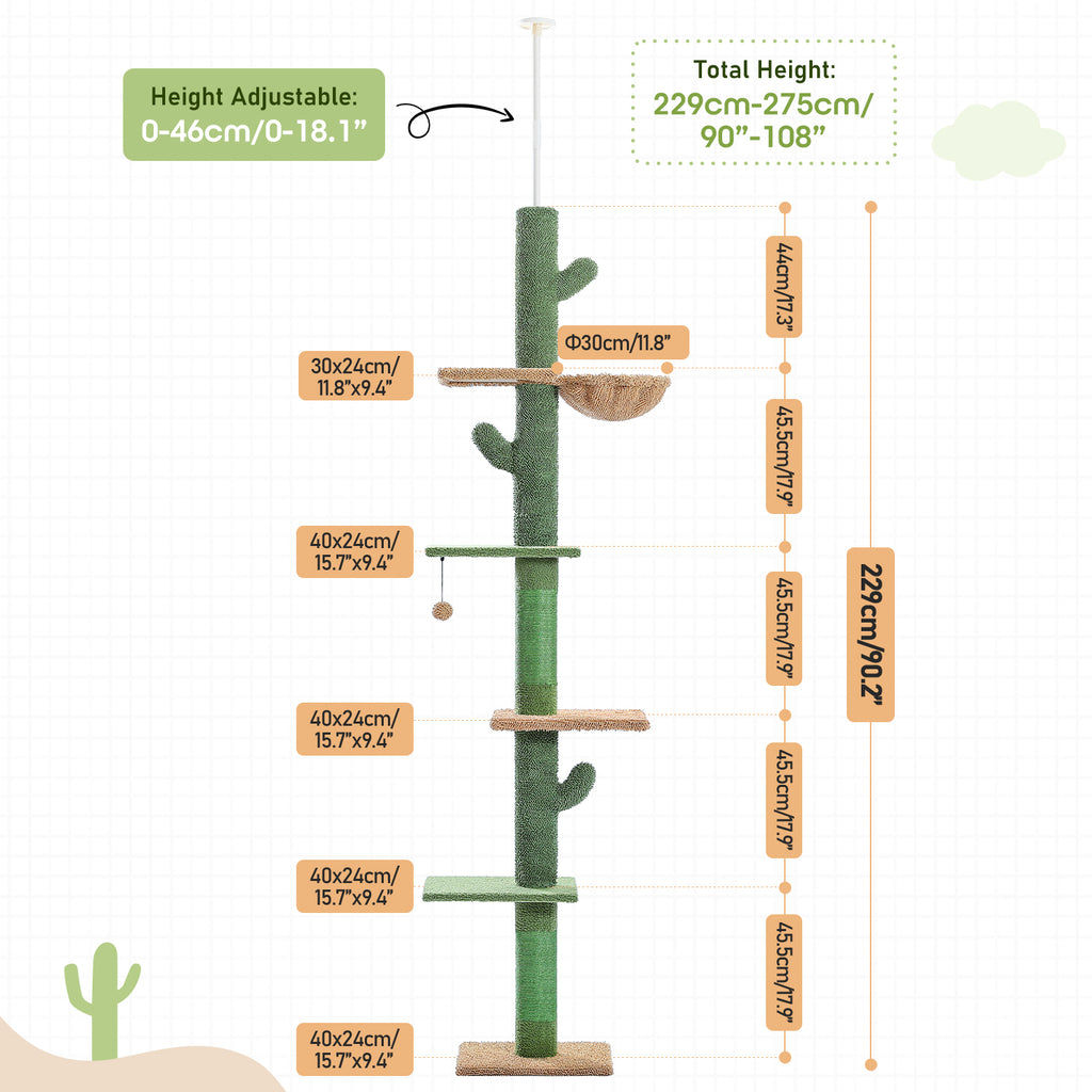 Dimension diagram of the green cactus cat tree with cm platform sizes and adjustable 229 to 275cm total height range