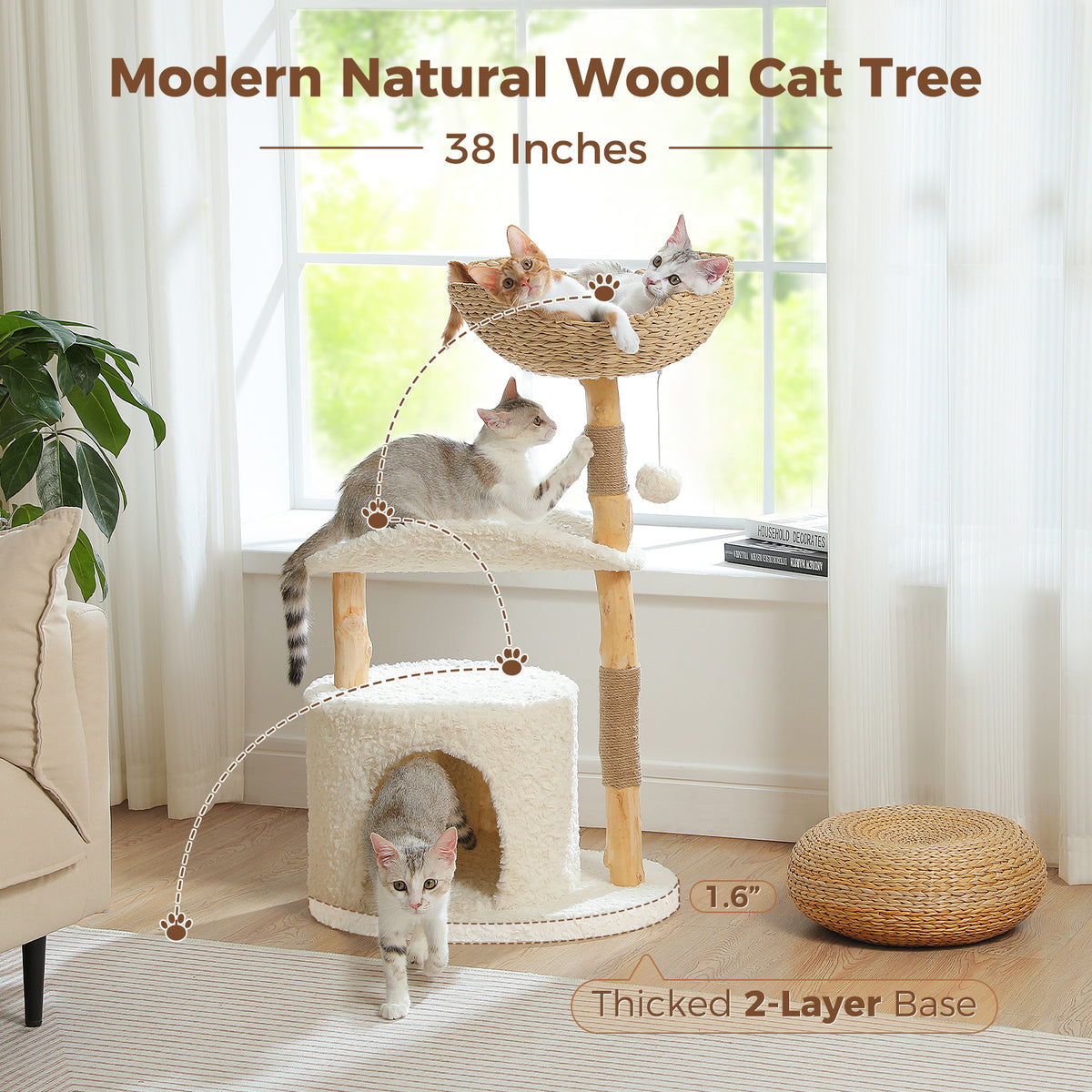 White real-branch cat tree with four kittens across basket, platform and condo, labeled 38 inches and thick base