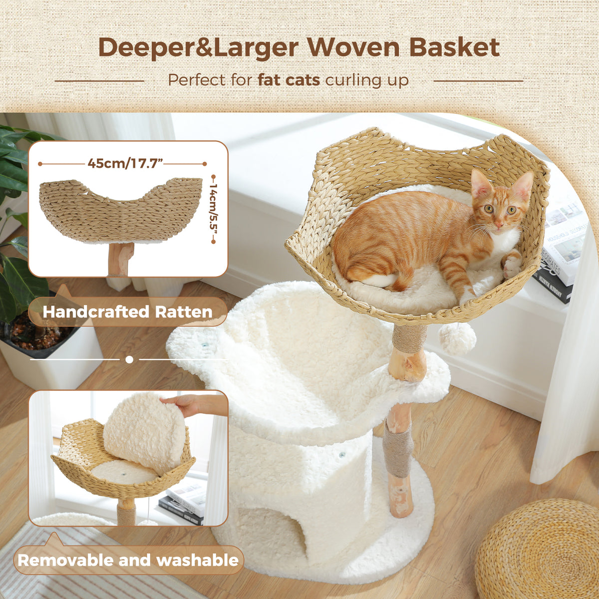 Feature graphic of the deeper larger handcrafted rattan basket with ginger kitten inside and removable washable cushion