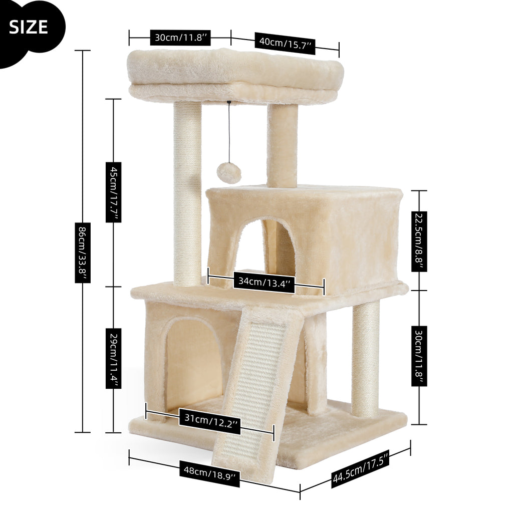 Dimension diagram of the cream beige 86cm cat tree with plush pads and sisal posts and cm inch labels