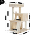 Dimension diagram of the cream beige 86cm cat tree with plush pads and sisal posts and cm inch labels