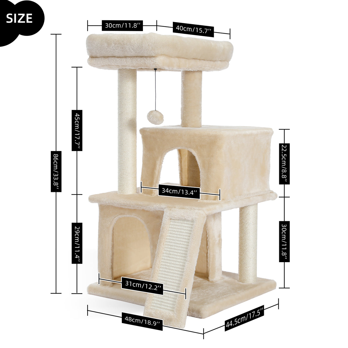 Dimension diagram of the cream beige 86cm cat tree with plush pads and sisal posts and cm inch labels