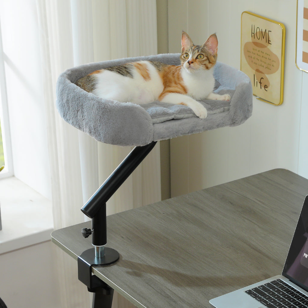 Calico cat lounging in a grey plush clamp-on desk bed beside a bright window, adjustable black arm over the desk edge