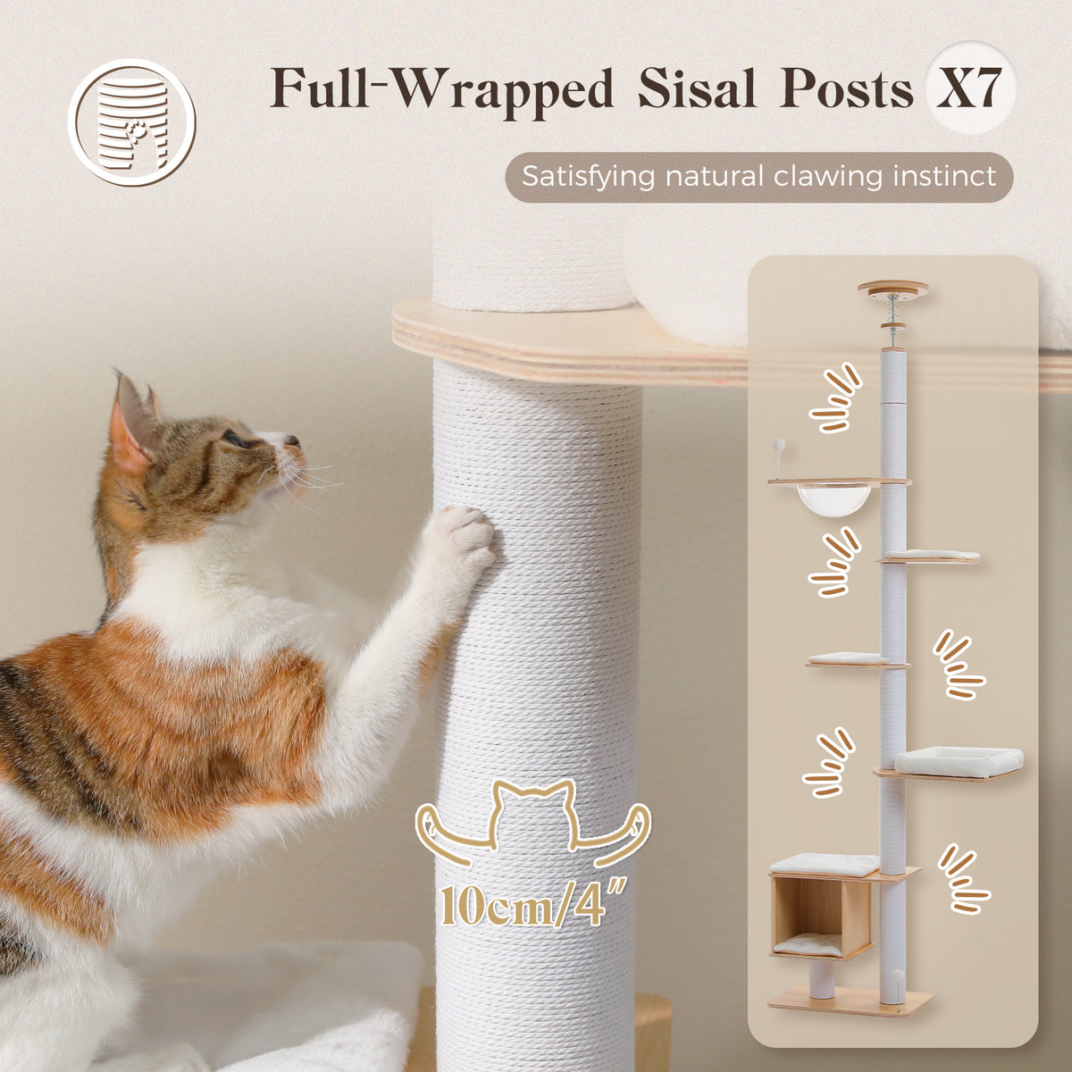 Calico cat scratching the white sisal post of the cat tree, seven full-wrapped posts at 10cm diameter feature callouts