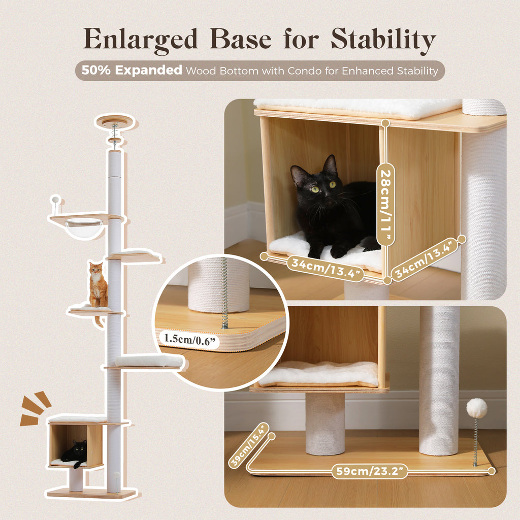 Dimension infographic of the floor-to-ceiling cat tree highlighting the enlarged wooden base and base condo measurements