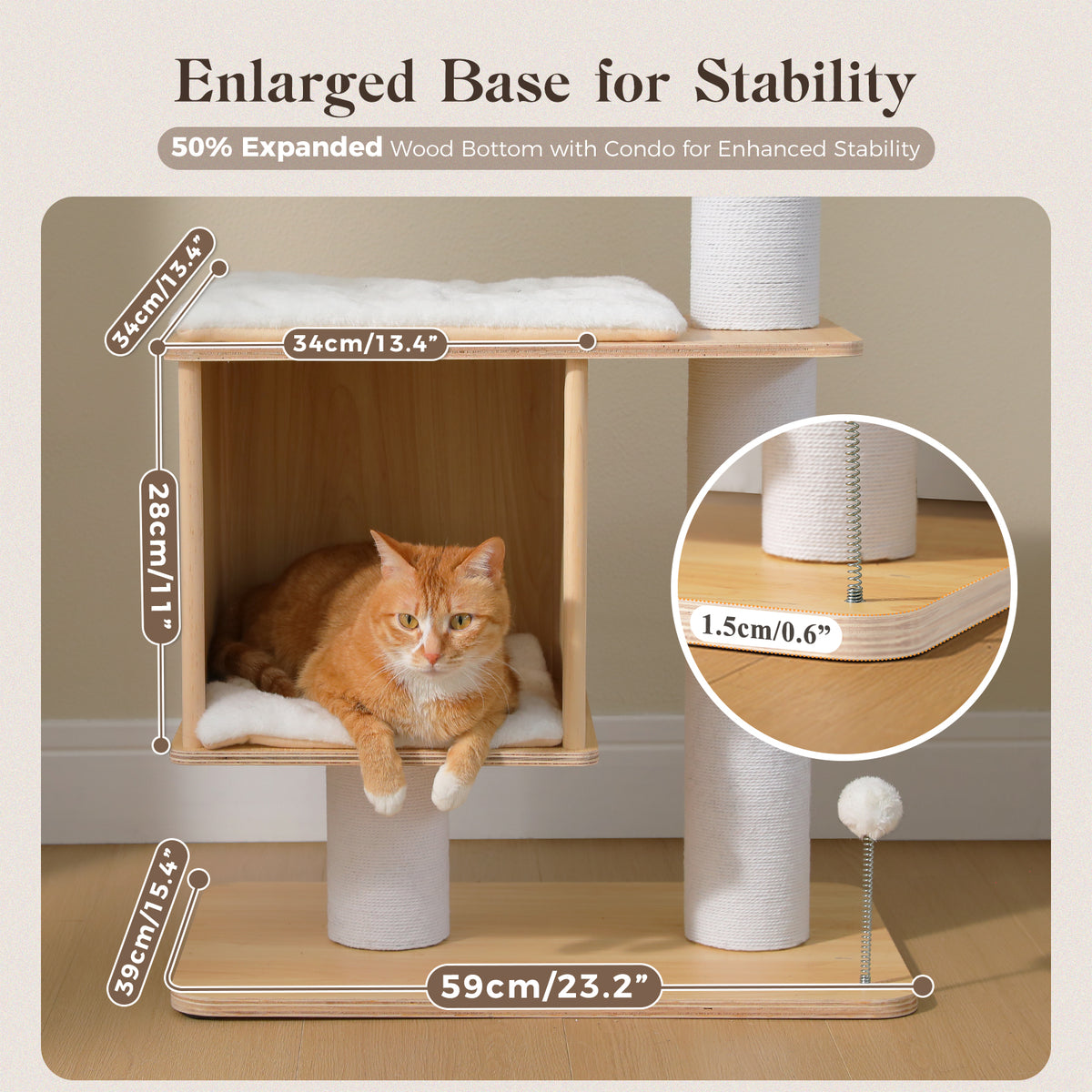 Orange tabby cat resting inside the wooden base condo of the cat tree, enlarged base and thick wood edge feature shots