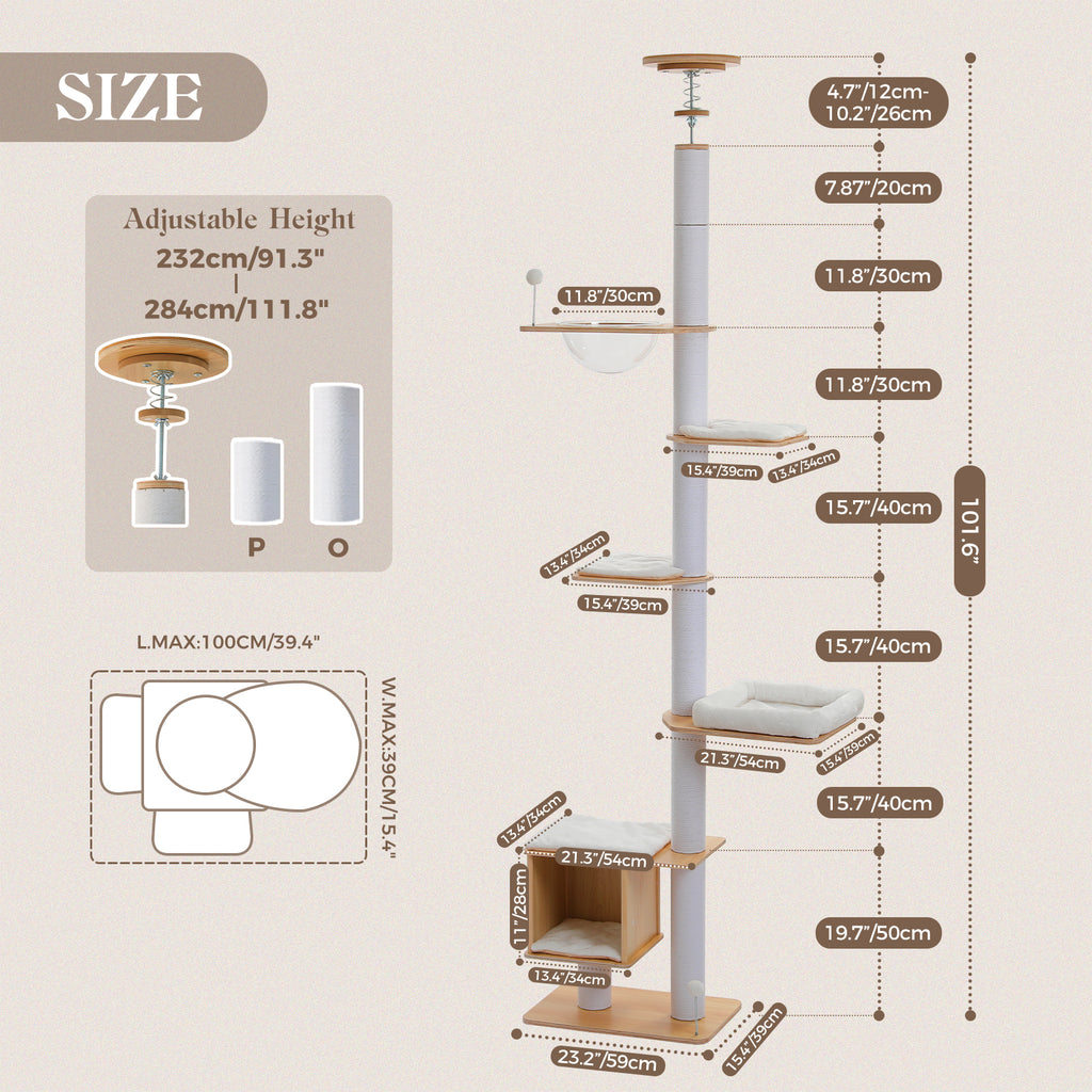 Dimension diagram of the adjustable floor-to-ceiling cat tree with 232 to 284cm height range and footprint plan