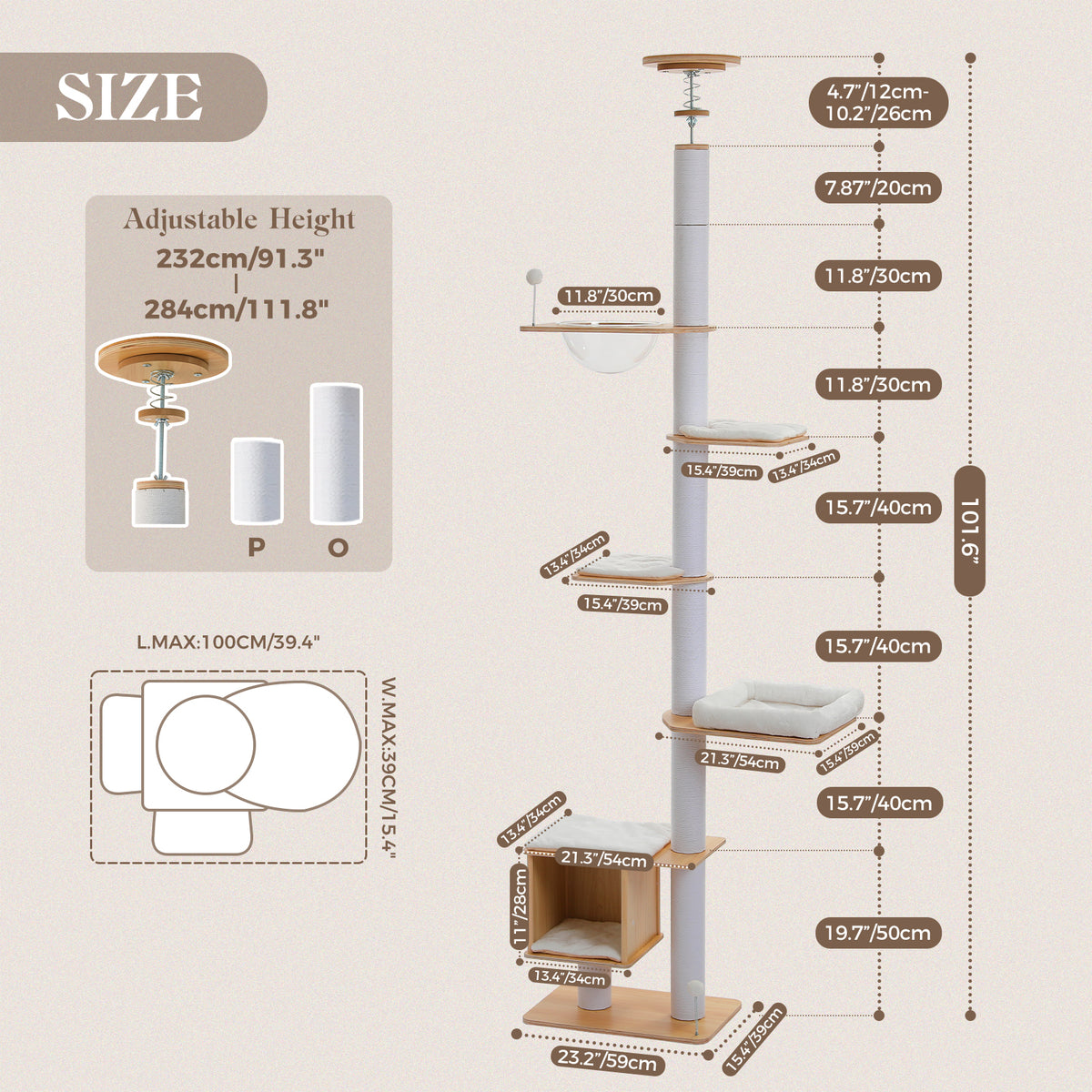 Dimension diagram of the adjustable floor-to-ceiling cat tree with 232 to 284cm height range and footprint plan