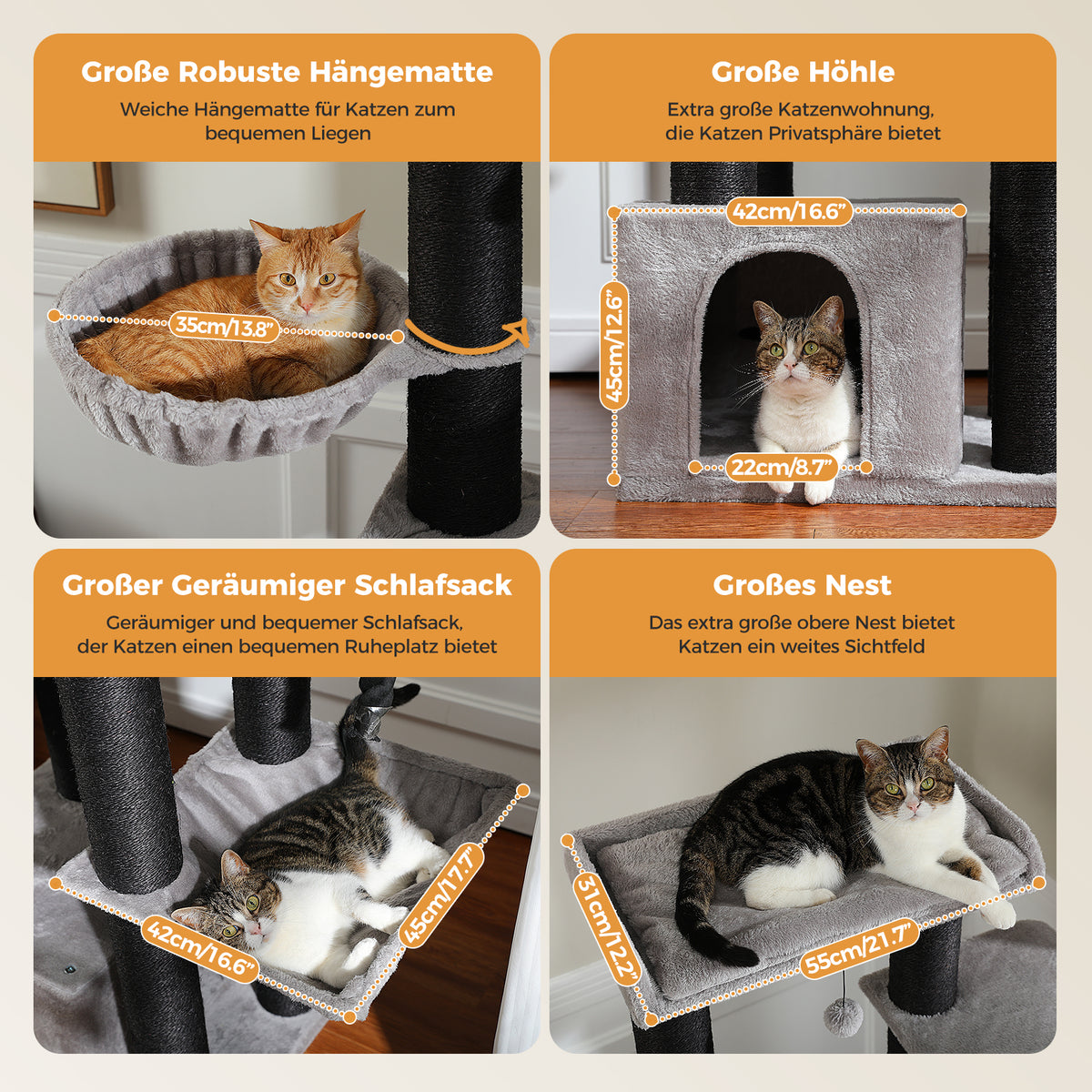 Feature collage of grey 170cm cat tree: hammock, condo, platform and nest panels with cats and orange labels