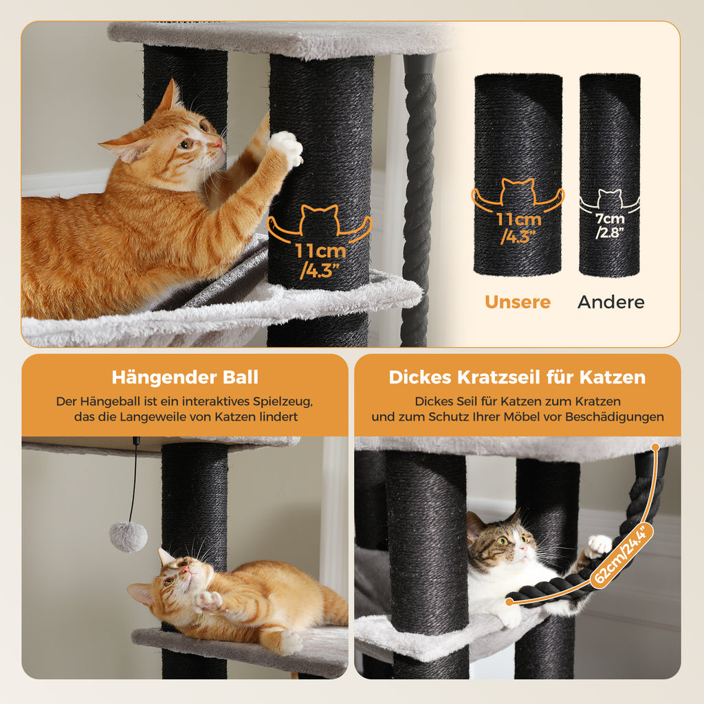 Grey 170cm cat tree durability graphic: 11cm sisal post vs 7cm, hanging ball and thick rope toys, two cats