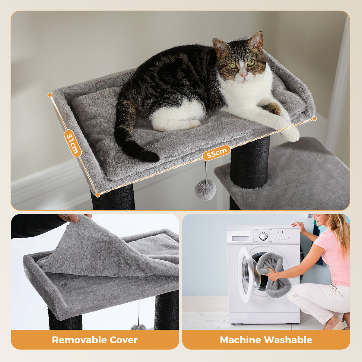 Grey 170cm cat tree infographic: bolster top perch with tabby, removable plush cover, machine-wash demo