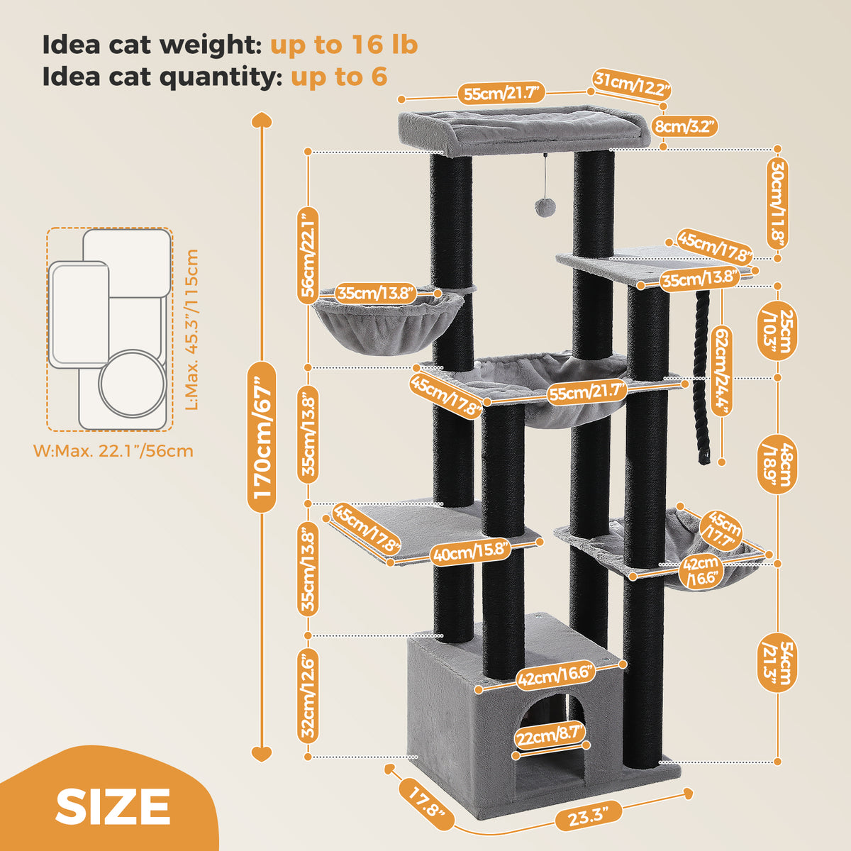 Grey 170cm cat tree dimension diagram with orange cm/inch labels for levels, hammocks, condo and top perch