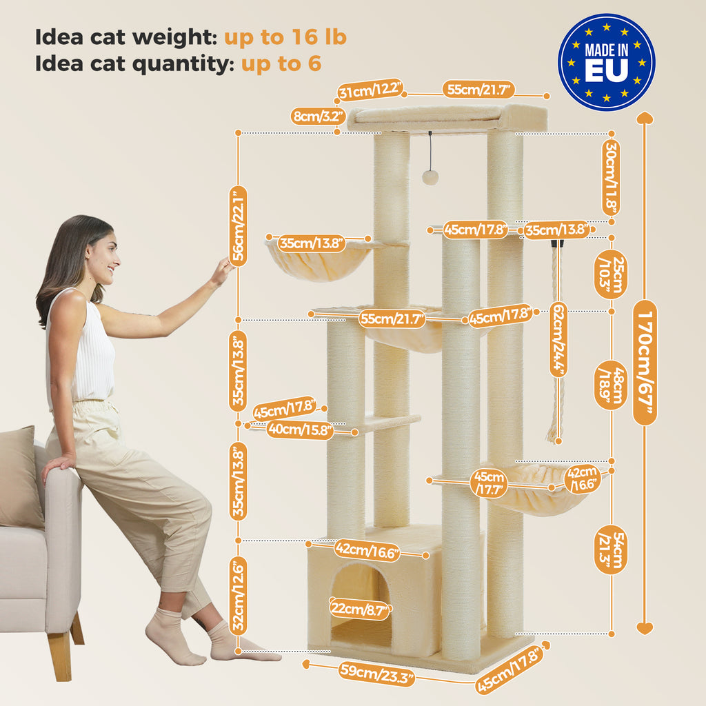 Cream-beige 170cm cat tree with natural sisal posts, hammocks and condo; a woman seated on a sofa gives scale, no cats