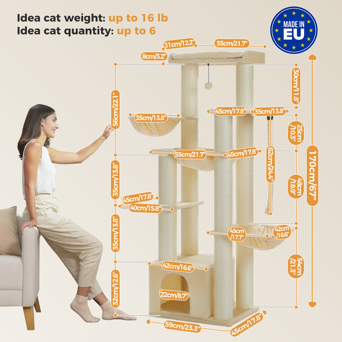 Cream-beige 170cm cat tree with natural sisal posts, hammocks and condo; a woman seated on a sofa gives scale, no cats