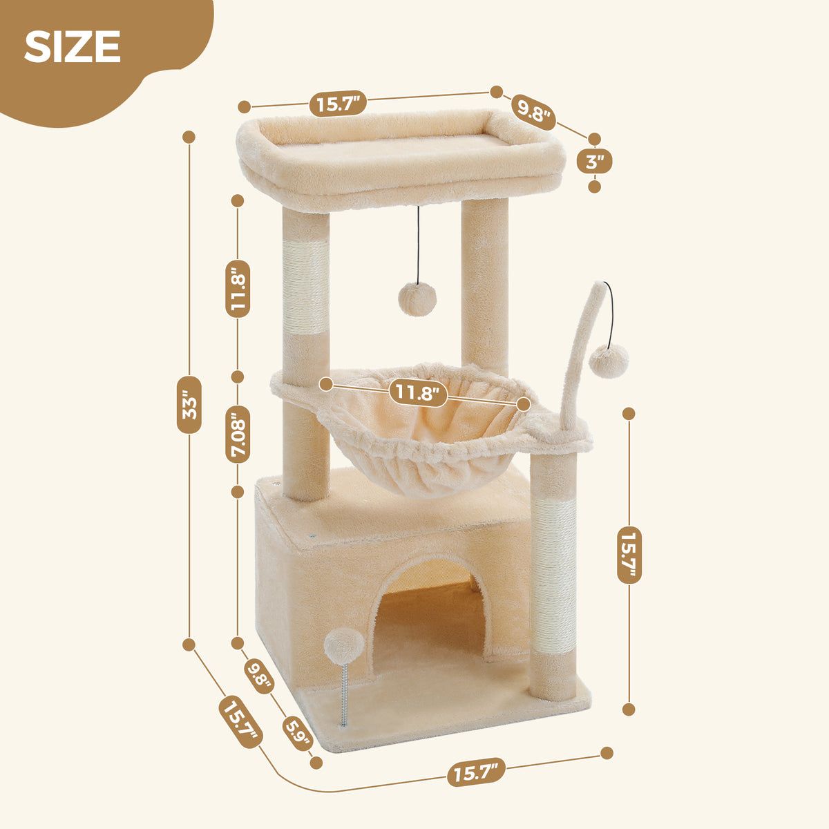 Cream beige Cozy cat tree with arched condo and bowl hammock on a light studio background with SIZE dimension labels