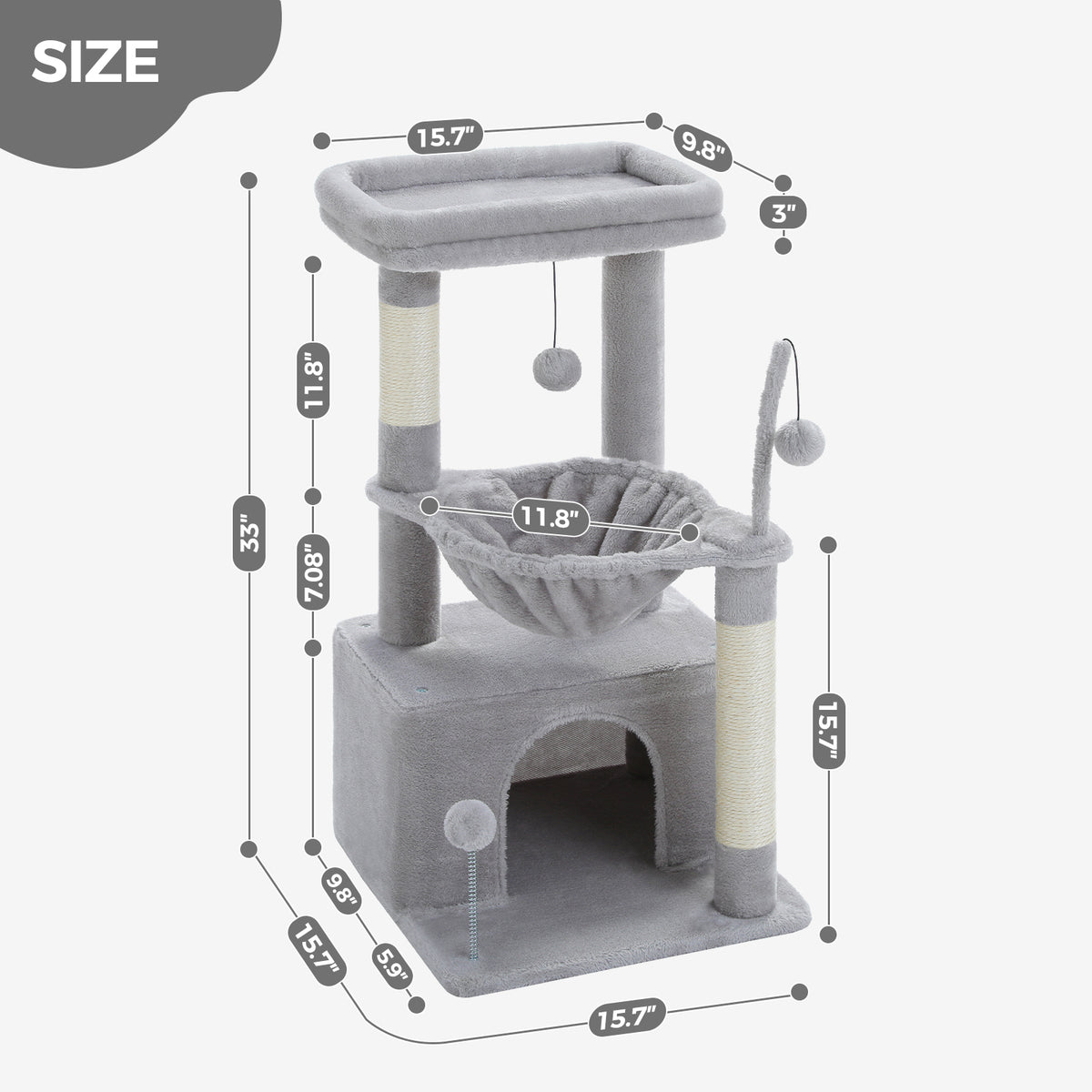 Grey plush Cozy cat tree with condo, hammock and perch on a light studio background with SIZE dimension labels