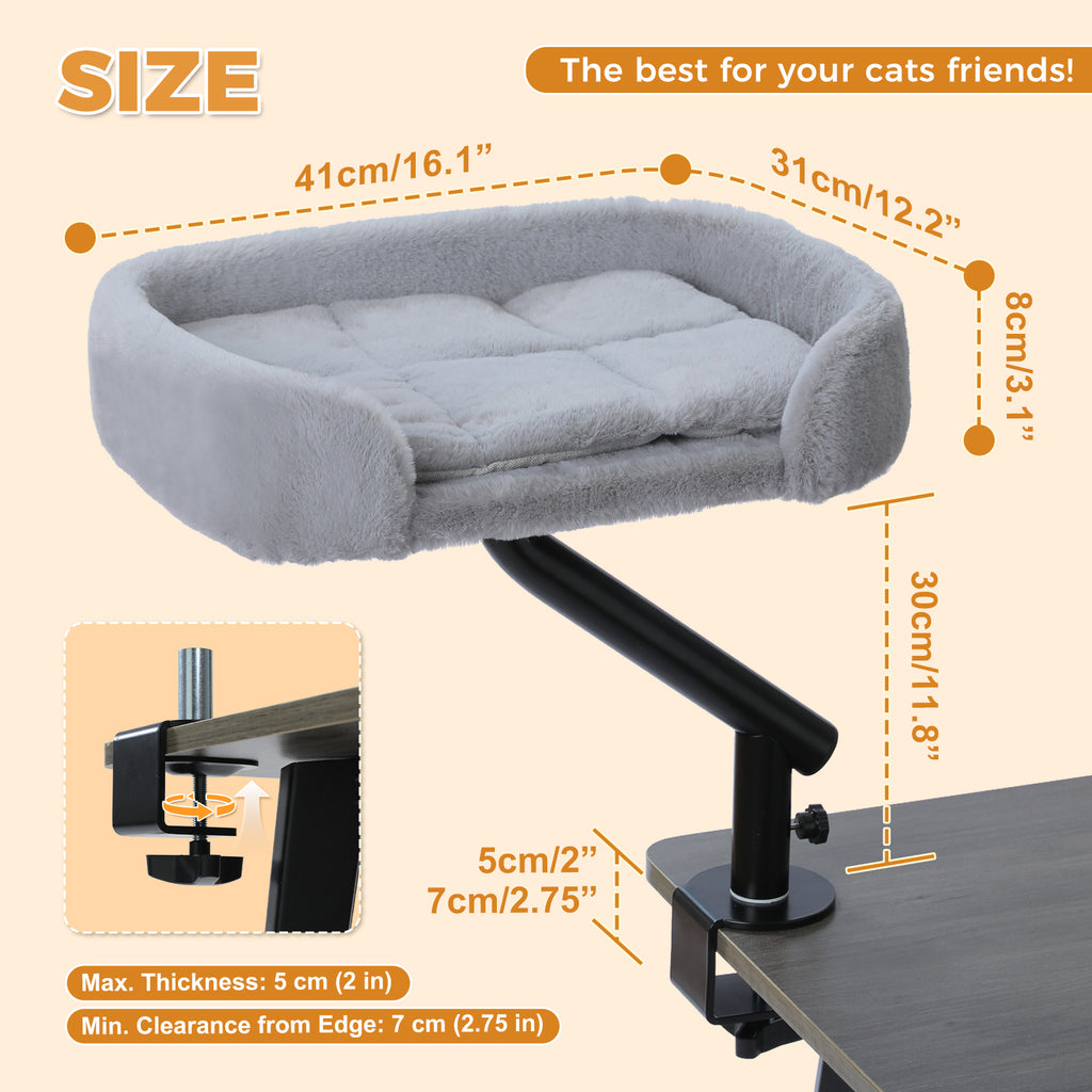 Size diagram of the clamp-on desk cat bed with a 41 cm bed length, 30 cm perch height and clamp mount limits