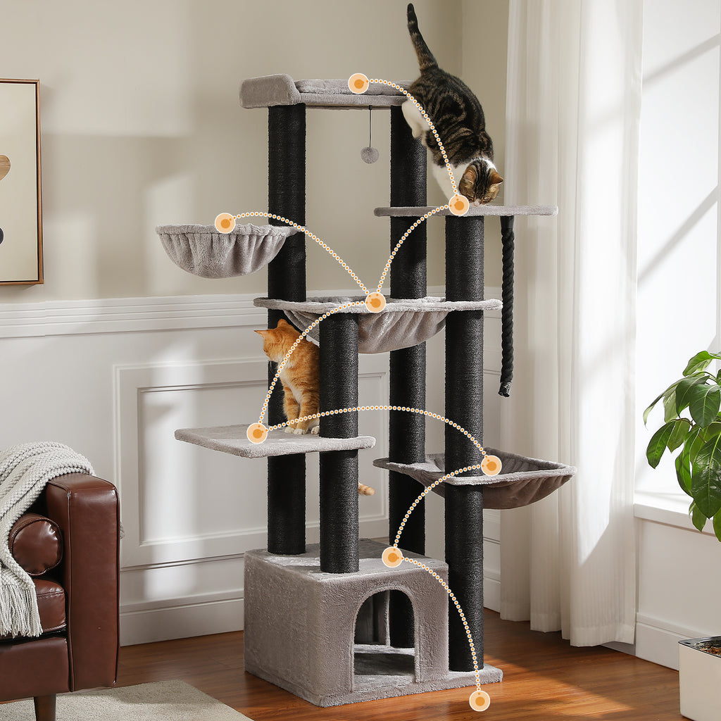 Grey 170cm five-level cat tree in living room with two cats and orange route dots over hammocks, condo and posts