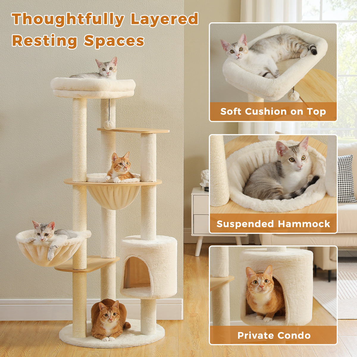 Feature graphic of layered resting spaces with soft top cushion, suspended hammocks and private condo, five cats in view
