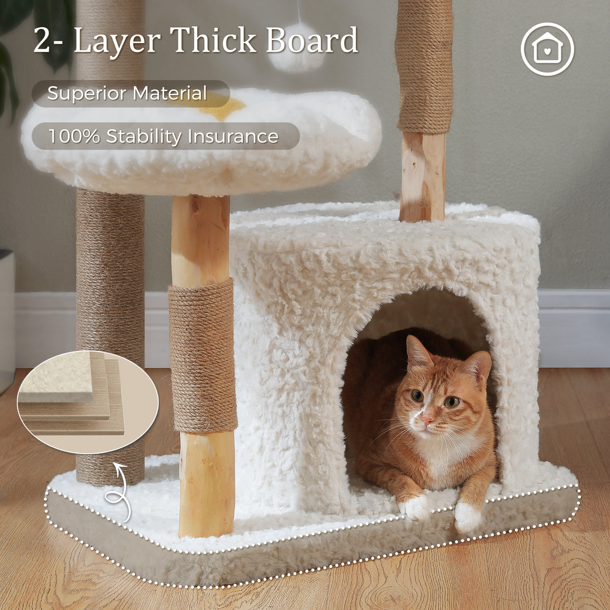 Infographic highlighting the 2-layer thick board and superior material, orange tabby cat in a fuzzy condo