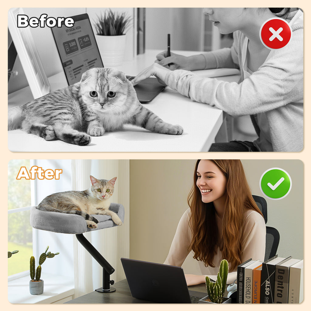 Before and after scene: cat sprawled over the laptop desk versus napping in the elevated clamp-on perch, desk left clear