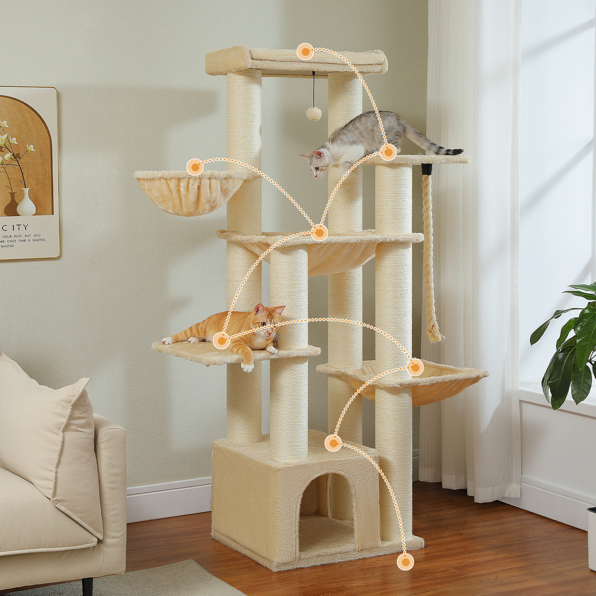 Cream-beige 170cm cat tree in living room with two cats, orange dotted climbing path over platforms and hammocks