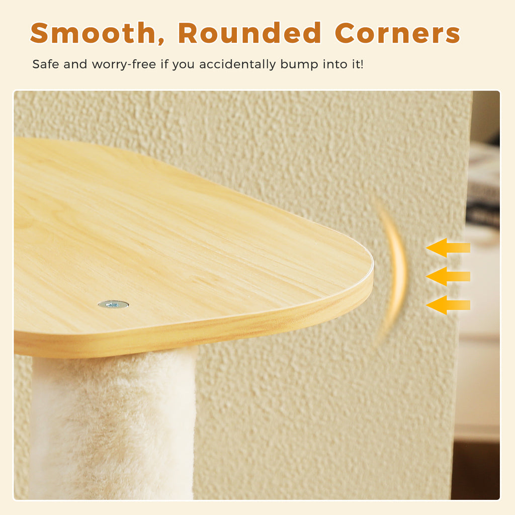Safety feature graphic of a smooth rounded wood corner with yellow highlight arc, text says safe and worry-free