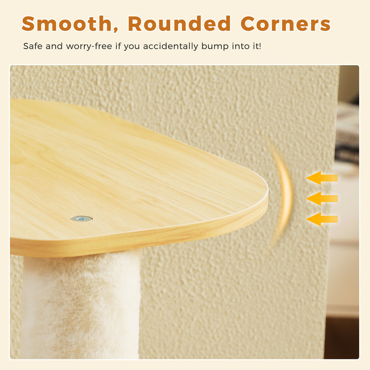 Safety feature graphic of a smooth rounded wood corner with yellow highlight arc, text says safe and worry-free