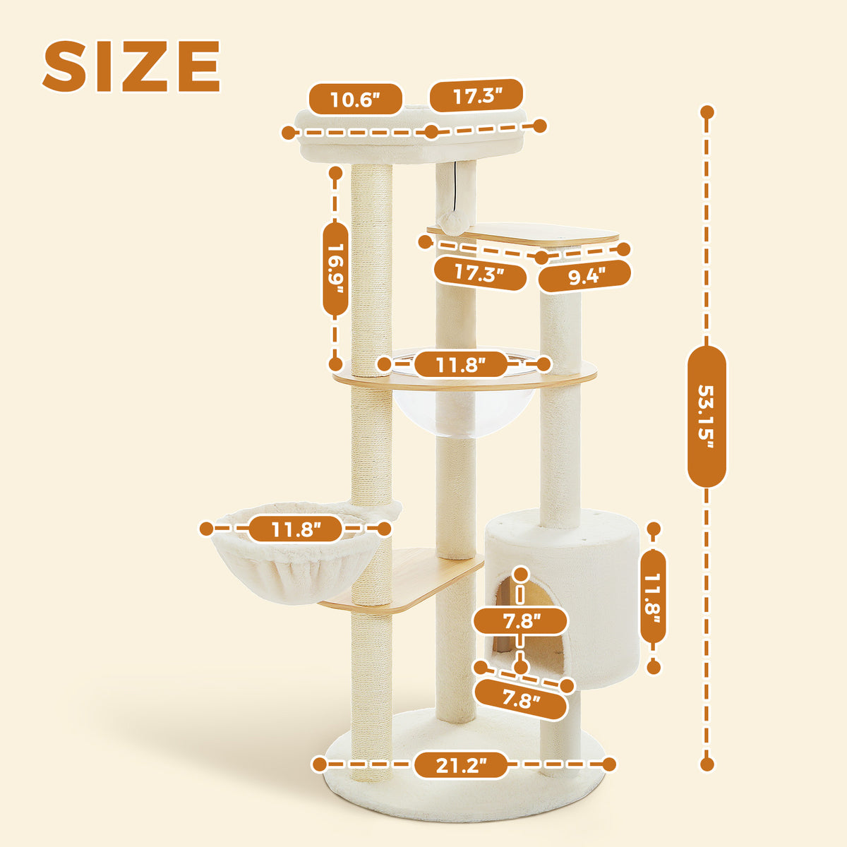 Size diagram of the modern cat tree, 53.15 inches tall, with clear acrylic capsule, hammocks and condo measurements