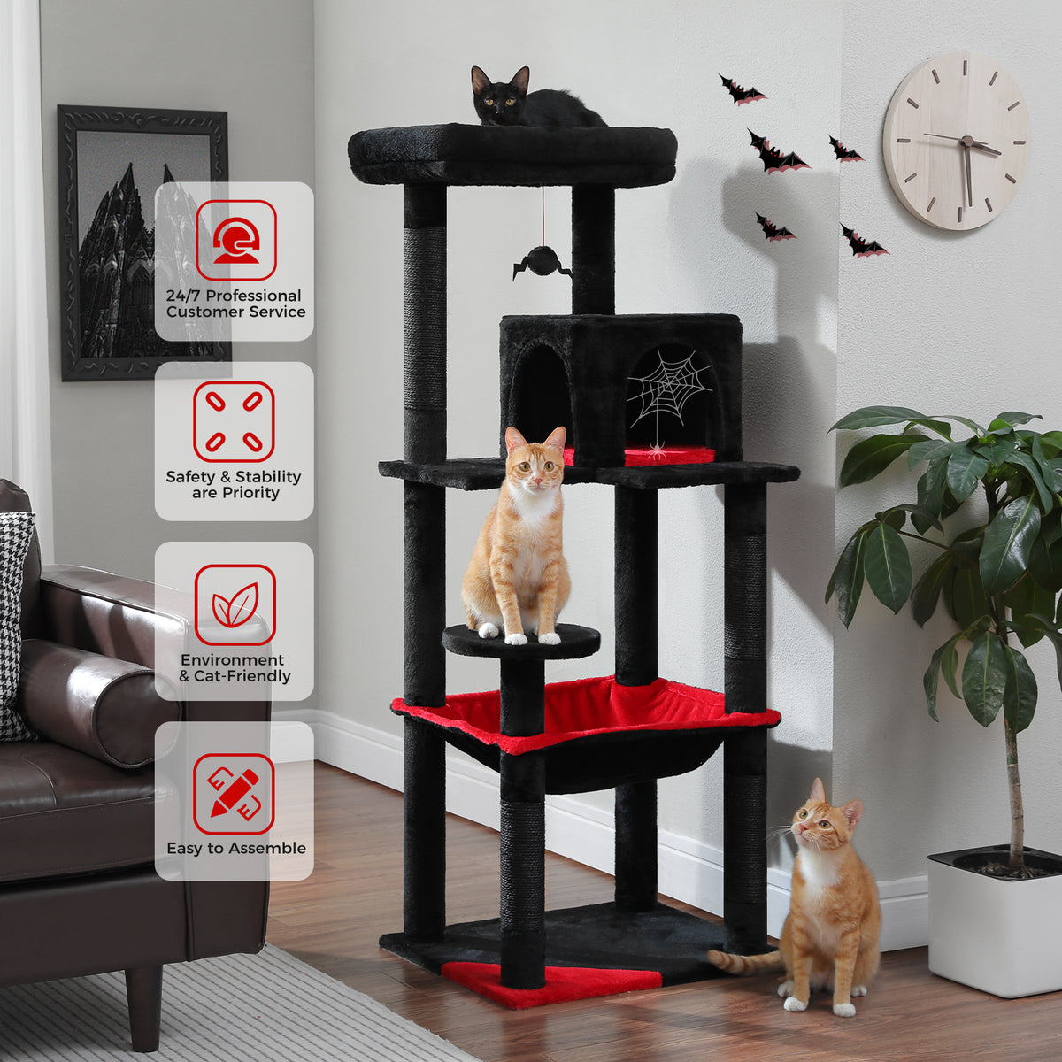 Halloween-styled black and red cat tree with three cats and service, safety, eco and assembly icons