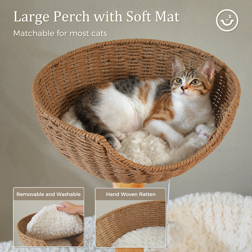 Calico cat resting in a large hand-woven rattan perch lined with a thick white removable mat