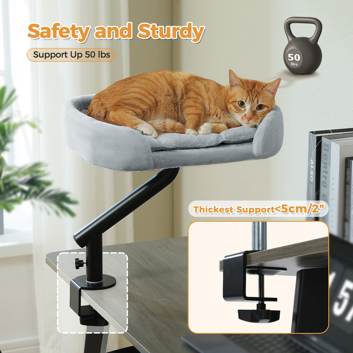 Ginger tabby cat on a light grey clamp-on desk perch with a sturdy 50 lb support banner and C-clamp close-up inset