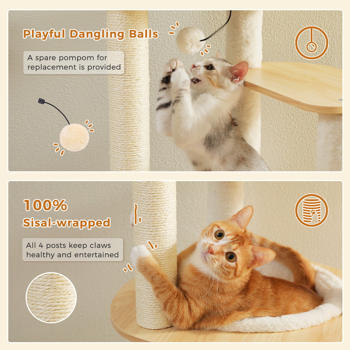Feature graphic of dangling ball toys and 100 percent sisal posts, kitten batting a pompom and cat hugging a post